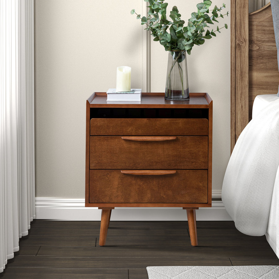 Sebrina Mid-century Modern 24''W 3-Drawer Nightstand with Charging Station and Solid Wood Legs